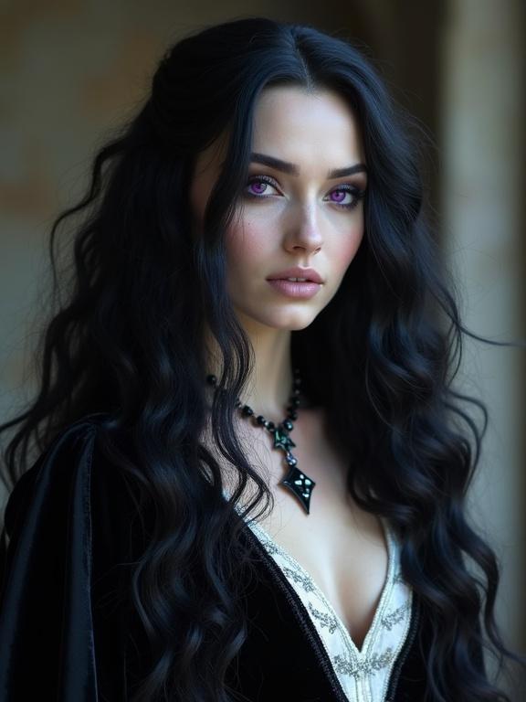 Powerful witch with ageless beauty. Striking violet eyes and long curly raven hair. Pale triangular face with prominent cheekbones. Dressed in a velvety black and white riding dress with an obsidian star pendant. Narrow belt cinches waist. Silver jewelry with obsidian and amethyst.