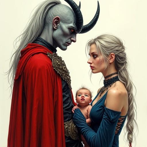 Fluid photorealistic stylized illustration of three characters in full-length portrait. First character is male tiefling with ash-gray skin, amber eyes, long silver hair, black horns, wearing red cloak. Second character is female human with long ash-blonde hair, green eyes, wearing ash-blue dress. Third character is newborn baby held by second character with short ash-blonde hair. Warm highlights and shadowy gradients mix fantasy allure with inked fashion surrealism.