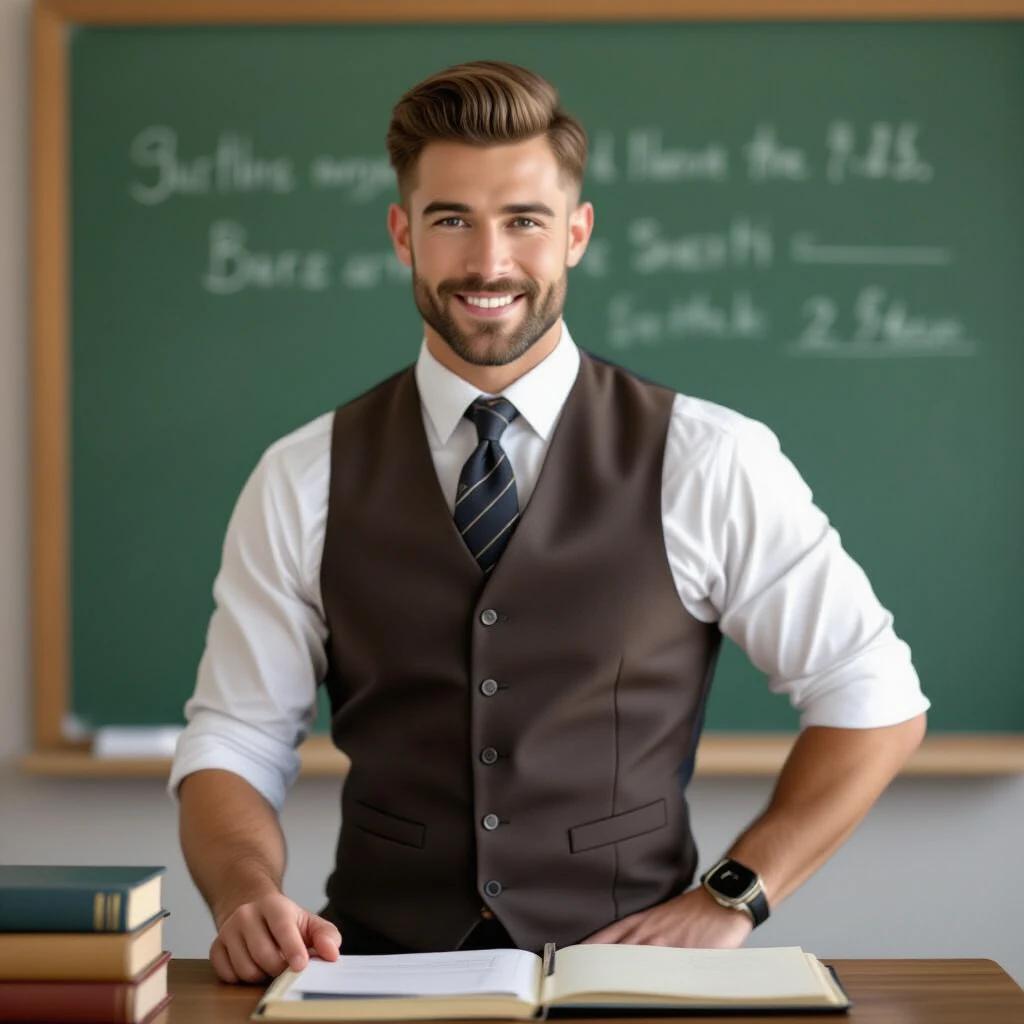 Smiling male history teacher stands in front of blackboard. Dressed in a brown vest and a white shirt. Books are on the table. Bright classroom atmosphere.