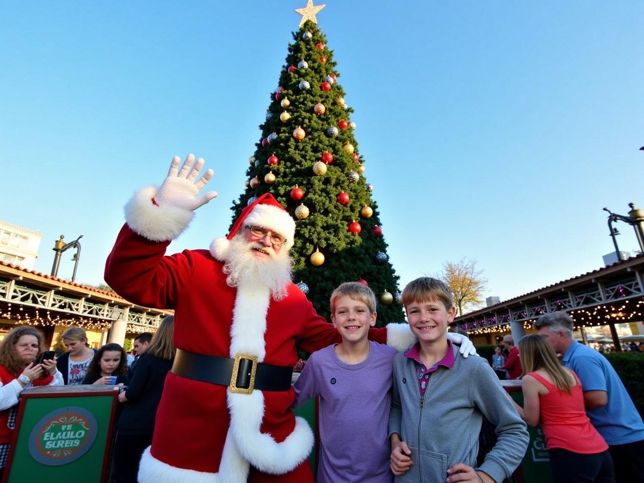 In a festive outdoor setting, three children are posing together with cheerful expressions. Behind them, a beautifully decorated Christmas tree towers, adorned with colorful ornaments and topped with a star. Santa Claus is added to the scene, standing nearby and waving his right hand at the children, spreading holiday cheer. The background features other visitors enjoying the festive atmosphere, with decorations and lights enhancing the joyful scene. The clear blue sky adds to the cheerful, holiday ambiance.