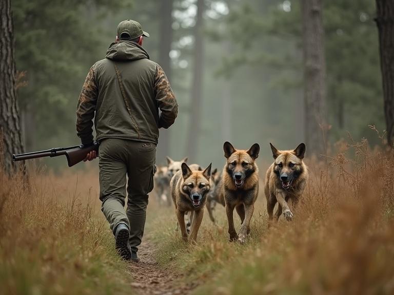 Man in hunting attire walking in a forest with wild dogs beside him several dogs following the man in a natural outdoor environment