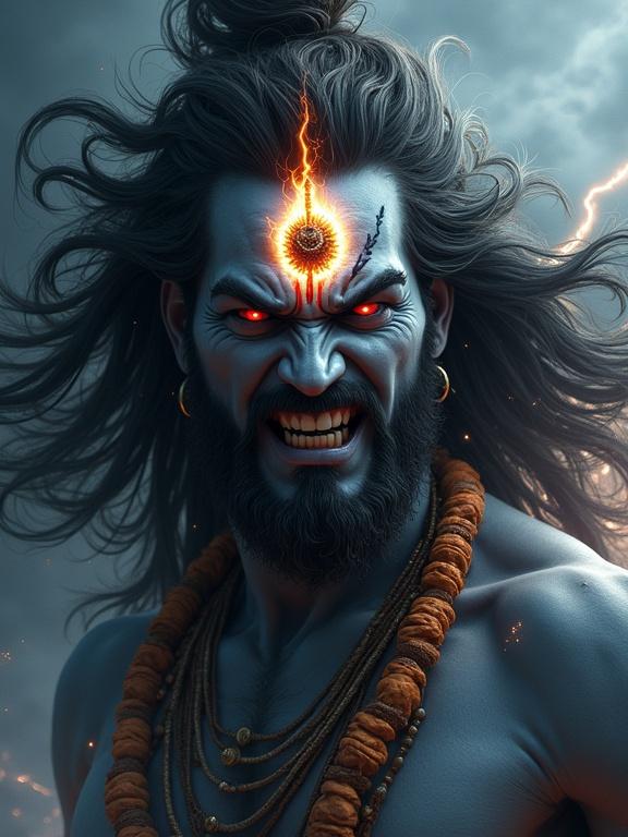 Hyper-realistic portrait of an angry Lord Shiva. Intense expression with furrowed brows. Radiant energy from third eye. Bold bright tilak on forehead. Long wild hair charged with energy. Stormy background with dark clouds and lightning. Skin tone is ash-gray. Dramatic lighting with sharp shadows and highlights. Overall intense and awe-inspiring mood.