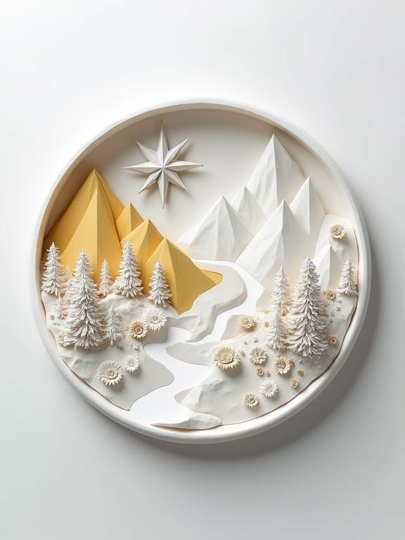 Circular white compass with three-dimensional mountain ranges and forests. Sculpted from soft matte white material. Yellow mountains on one side. Sharp peaks and valleys represented. Conifer trees detailed with textured needles. Compass rose with cardinal directions. Centered composition. Soft light enhances texture. Monochromatic color scheme. Architectural and minimalist style. Calm and contemplative mood. Bird's-eye view perspective. Reminiscent of origami and geometric shapes.