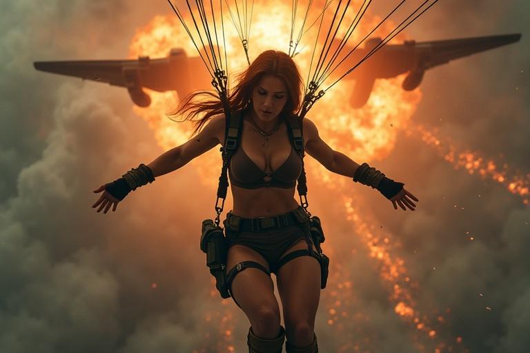 Stunning upward shot captures Lara descending beneath dark olive parachute. Massive military cargo plane above erupts into fiery explosion. Flames and smoke trail across stormy sky. Lara floats calmly amid chaos, arms still tied, body silhouetted against fire-lit clouds. Wears dark brown crop top, tactical shorts, thigh straps, rugged brown boots. Golden hair flutters as glowing fragments fall past her.