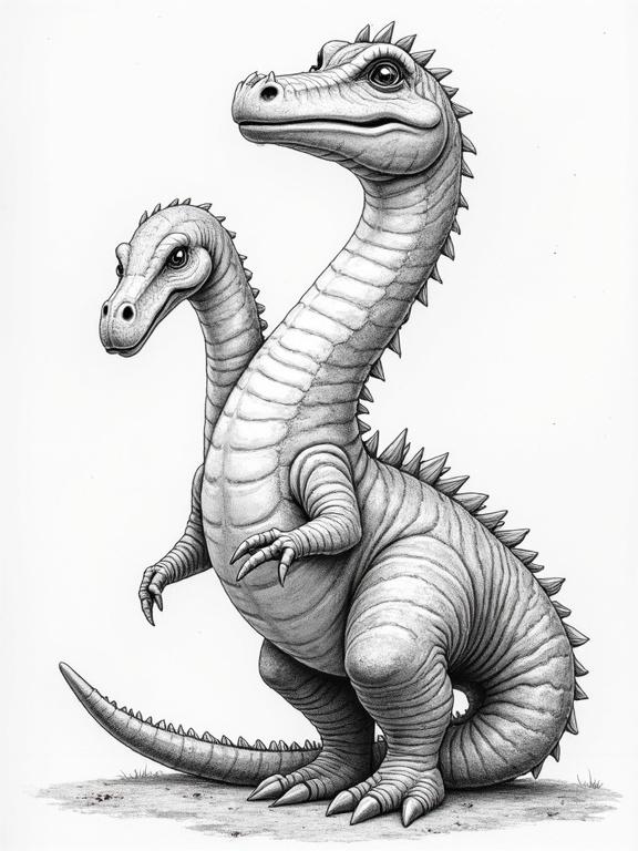 Illustration of a Diplodocus dinosaur with two heads. The creature has a long neck, spikes along its back, and is designed for coloring purposes. Simple outlines. Black and white artwork.