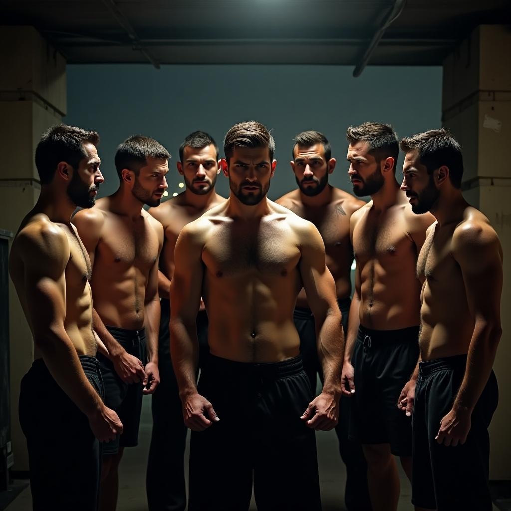 Group of muscular men standing in formation. Atmosphere is intense and focused. Each man displays physical strength and commitment to fitness. The setting is minimal with dramatic lighting.