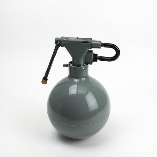 A grey spherical object resembling a nuclear bomb is positioned against a white background. The object features a nozzle and is designed to appear industrial. It commands attention with its simplicity and clean lines.