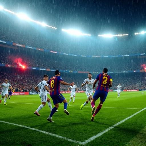 Night football final FC Barcelona vs Real Madrid in packed stadium. Bright stadium lights illuminate green pitch glistening from rain. Score tied, players in sweat and mud. Barcelona in blue and garnet, Madrid in white. Barcelona striker sprints toward goal, Madrid defenders intercept. Fans wave flags, flares in stands, cameras flash. Tension dramatic, emotions high, glory awaits. Goalkeeper ready, rain sparkles in spotlight.