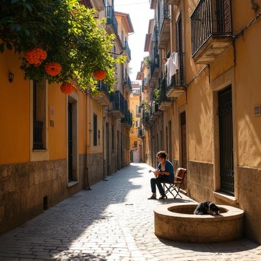 Narrow cobblestone street in Gothic Quarter. Warm Mediterranean sunlight. Orange trees over terracotta buildings. Laundry on balconies. Guitar player by stone fountain. Cat napping on fountain edge. Soft shadows, aged wall textures, Canon EOS 5D.