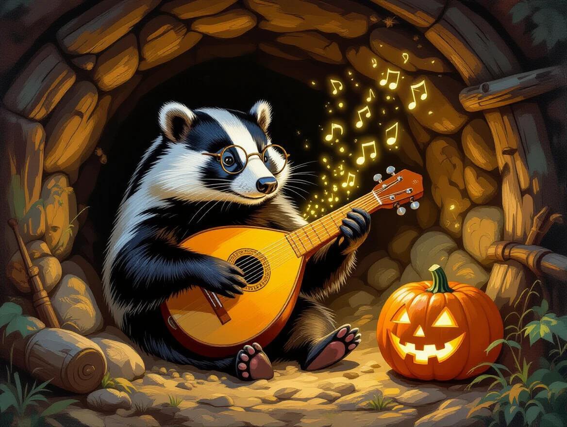 A charming and cozy underground burrow scene featuring a wise badger wearing glasses. Badger plays a lute made from a pumpkin. Musical notes float gently through the air creating soft glowing lights. The burrow is textured with roots and soil bringing a warm atmosphere of creativity and comfort.