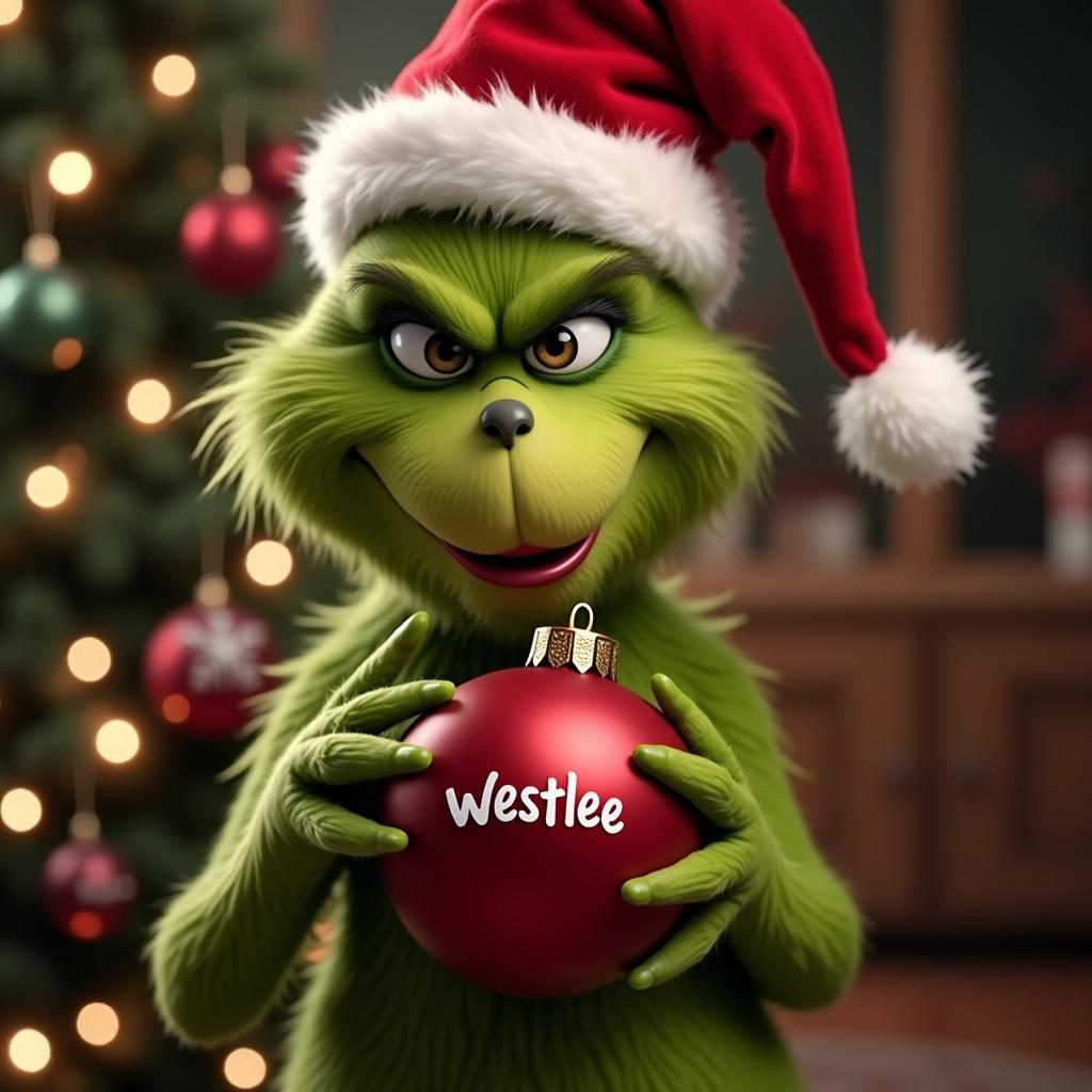 Grinch character holds red ornament with Westlee. Grinch wears Santa hat. Christmas tree in backdrop. Festive setting.