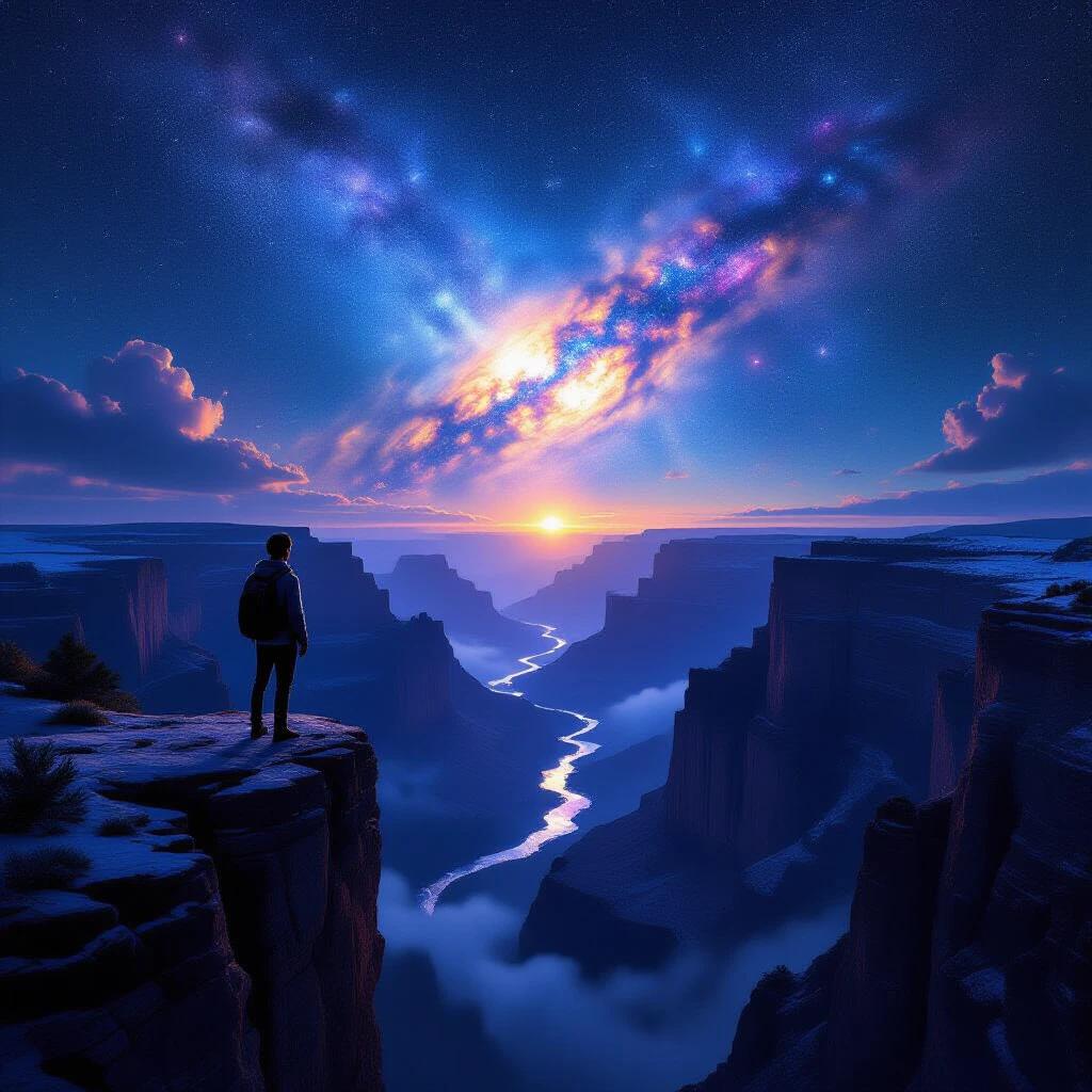A young man stands on the edge of a jagged precipice. Below him, a deep river gorge cuts through rocky peaks. The night sky showcases a celestial light show with neon hues. The Milky Way arcs overhead alongside surreal auroras. The man wears rugged outdoor gear and has wind-swept hair. The composition captures both the dizzying drop and infinite sky.