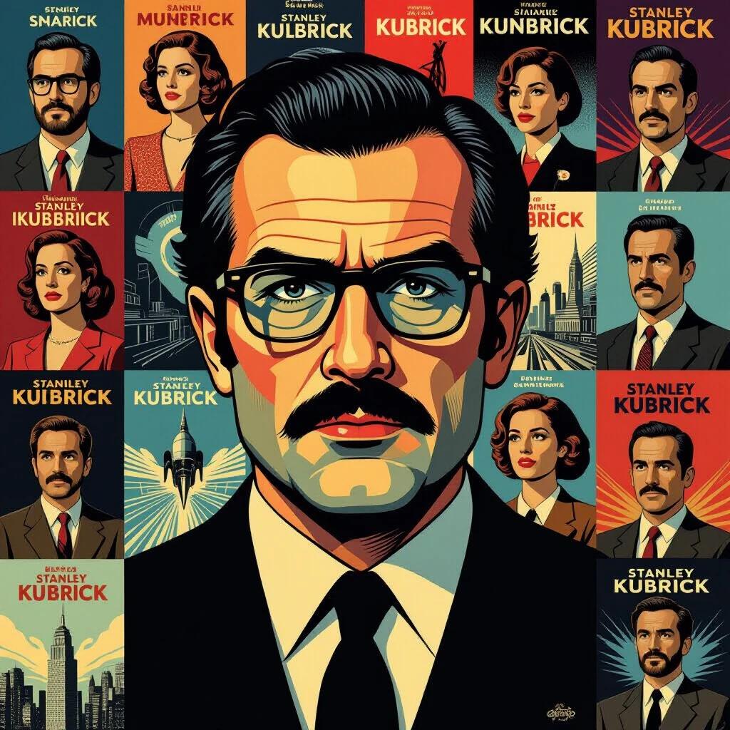 Image showcases posters of various Stanley Kubrick films. Each film is represented with a visually striking design. Colorful and bold artwork highlights Kubrick's cinematic legacy. Central image of Stanley Kubrick connects the compositions. Nostalgic tribute to film history and artistry.