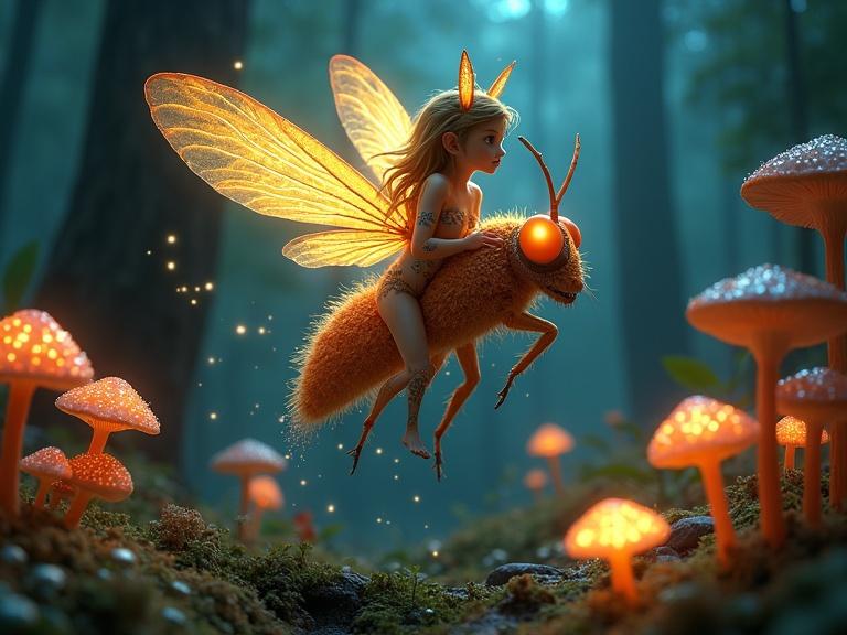 A mischievous pixie rides a giant firefly through a glowing forest. The scene showcases luminous mushrooms and strange plants. The art features rich color contrast and molten translucency, embodying optical surrealism.
