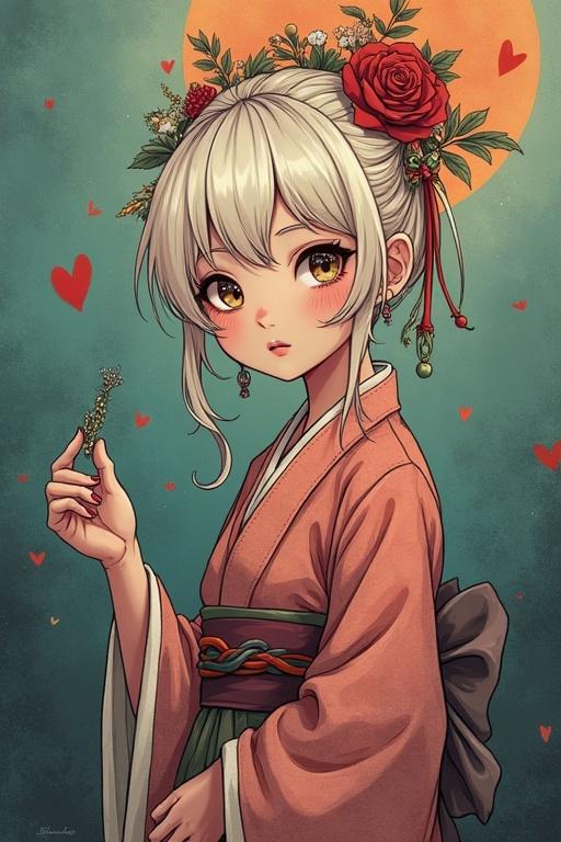 Anime girl wearing traditional clothing. She has blonde hair with flowers. Soft colors create a nostalgic feeling.