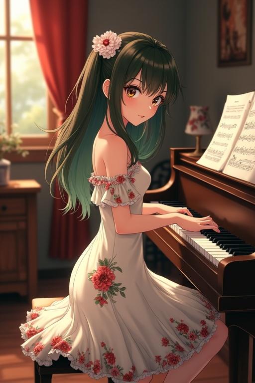 Create stylish anime image of girl playing piano. She wears off-white dress with red and green floral patterns. Scene is set in a music studio with warm lighting. The image is highly detailed and vibrant.