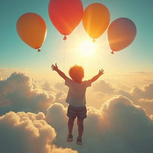 Child flies in the sky holding colorful balloons. Bright sunlight shines through the clouds. Only the child's hair and eyes are visible in the image.