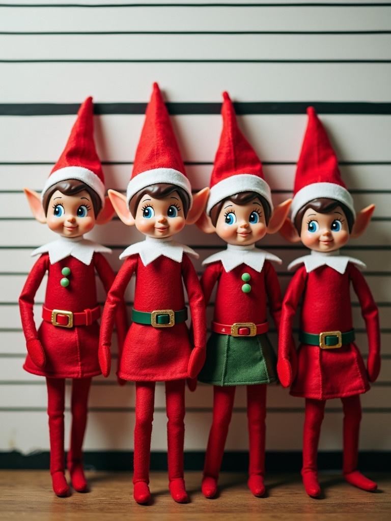 Image of four small elves wearing red and green outfits. Elves display expressions of fear. They have pointed ears and festive attire complete with hats and belts. The background resembles a mugshot with lines.