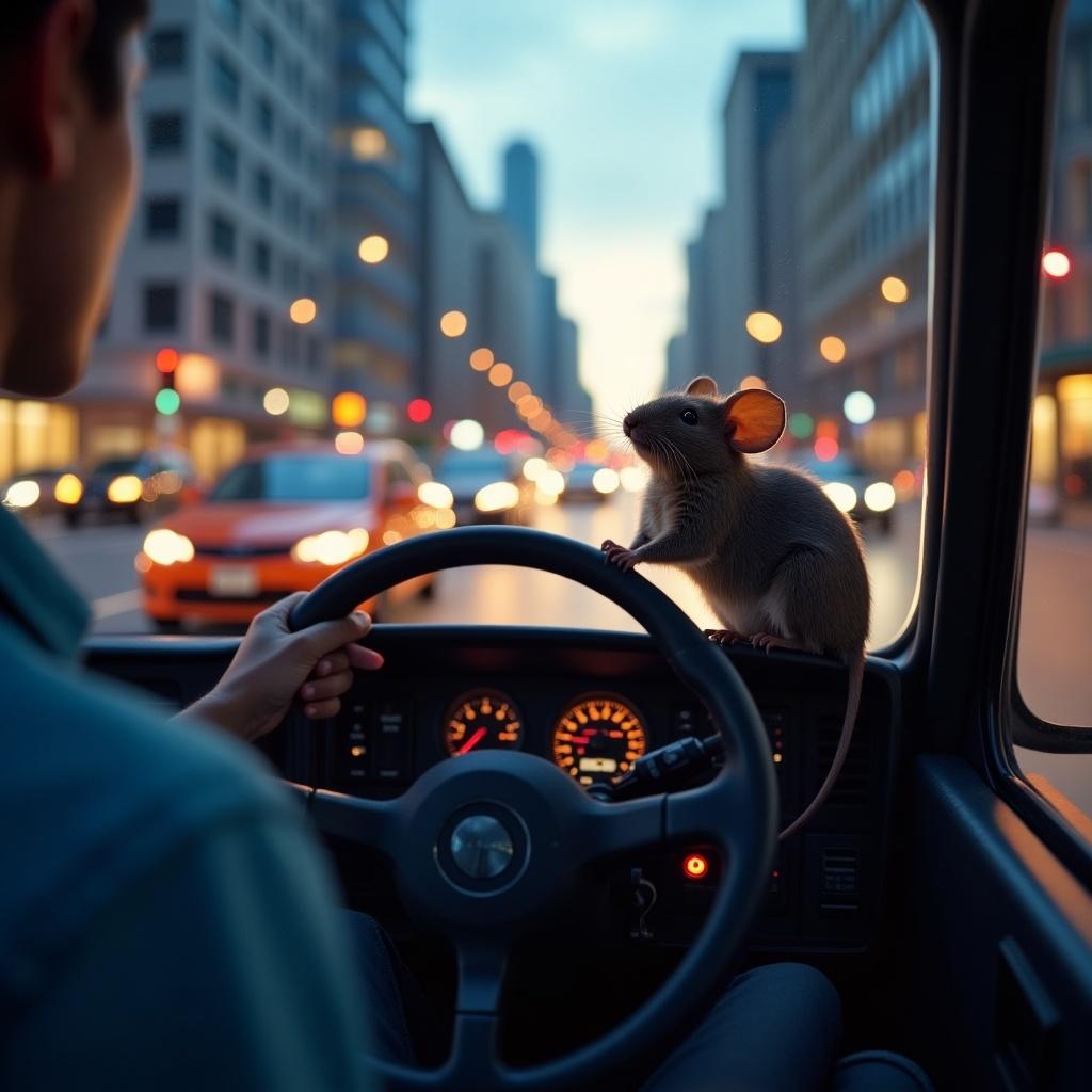 A mouse is seen driving a futuristic cyber truck through a bustling city street at dusk. The scene captures the mouse's intense focus as it grips the steering wheel, navigating among city traffic. The surroundings are filled with glowing city lights and a soft twilight atmosphere. In the background, there are blurred vehicles and streetlights illuminating the urban landscape. The image evokes a sense of adventure and humor, showcasing an unexpected animal character in a human-like situation.