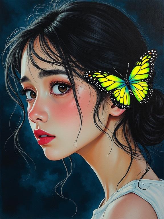 Close-up portrait of a young woman with loose waves looking confused. Dark shadowy background with a butterfly on her hair. Watercolor tones from 1990s manga art. Precise linework and dreamy color transitions. Rich, saturated colors against a deep background. Hand-drawn, mixed media painting technique with textures. Expressive brush strokes and fluorescent hues. Overcast dusk ambiance with high contrast and subdued palette.