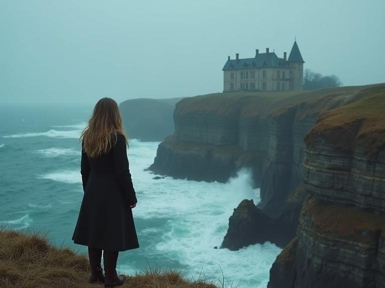A female detective stands on a cliff overlooking a stormy sea. An old mansion is in the distance. The atmosphere is mysterious and foreboding.