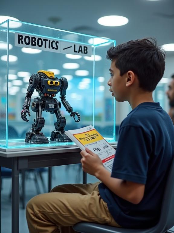 A young boy sits in a futuristic classroom. He admires a LEGO robotic display. A glass case shows the robot. He holds a programming guide booklet. The room is bright and engaging with technology around.