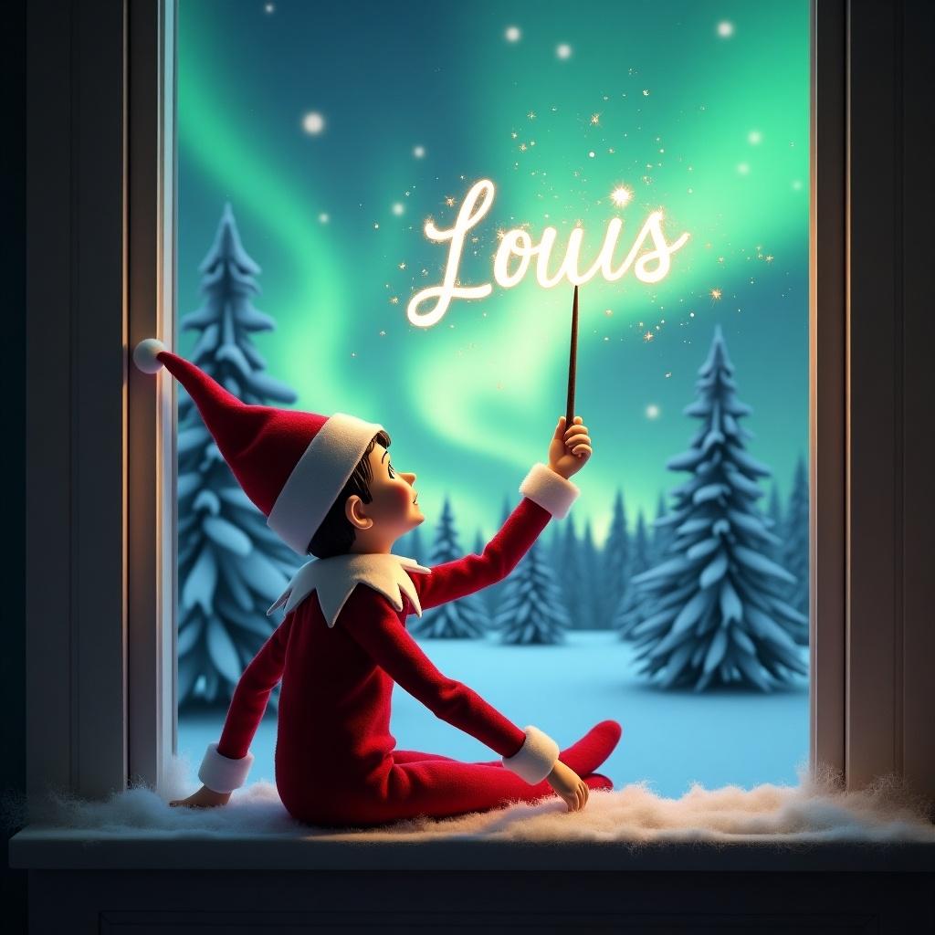 The image features a charming elf on the shelf sitting on a window ledge in a cozy setting. The elf, dressed in a festive red outfit with white accents, is creating the name 'Louis' with a sparkling wand. Behind him, a breathtaking display of the northern lights illuminates the winter wonderland outside. Snow-covered pine trees add to the enchanting atmosphere. The scene captures the essence of Christmas magic, inviting viewers into a magical holiday moment.