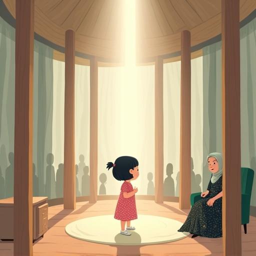 A flat-style illustration for a children's book depicts an emotional scene. Little Leila is in a symbolic wooden house with tall vertical pillars. She pulls a central pillar, causing a surreal change. Around her are shadowy figures creating confusion. Leila looks lost, surrounded by a soft fog. Her grandmother is in the background, adding to the emotional depth. The lighting is soft, establishing a symbolic mood.