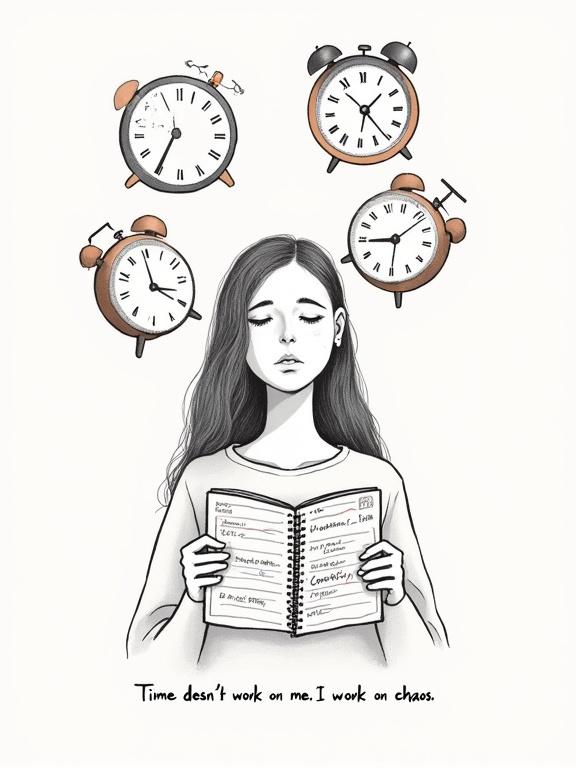 Minimalist line-art portrait of a person looking at three overlapping clocks. One clock is melting, one is cracked, and one is upside down. The figure holds a planner with scribbles and crossed-out dates. They have half-closed eyes showing resignation. Monochrome palette with muted accent color burnt orange. The text reads: 'Time doesn’t work on me. I work on chaos.' Transparent background with margin around the artwork.