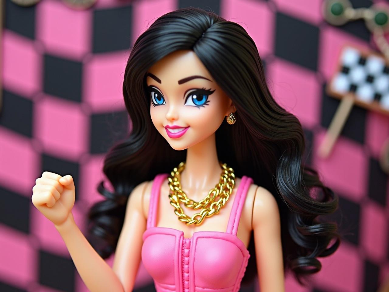 The image features a stylized doll or figurine posed in a playful manner. The character has long, curly black hair and is wearing a pink outfit with straps. She is accessorized with layered gold necklaces and is making a fist with one hand, suggesting a confident or playful gesture. The background consists of alternating pink and black patterns, adding a vibrant touch to the scene. A checkered flag is also visible, which hints at a racing theme. Overall, the character exudes a cheerful and energetic vibe.