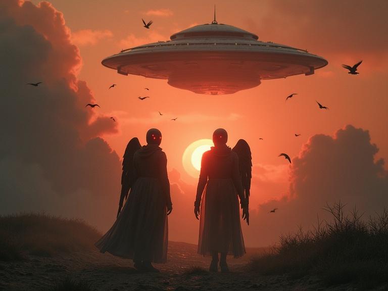 Two aliens with shiny red eyes and angel-like wings walk on an alien ground. A saucer-shaped UFO hovers in the air. Birds fly above. The sun sets in the background casting orange and red hues across the sky.