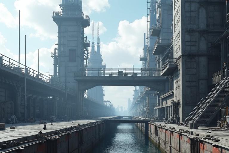 Detailed image of a large grey sci-fi outside shipyard military base with blocky bevel greeble designs and numerous pipelines. The scene includes metal steps on towers, ladders, a huge construction pit, a metal bridge, an underpass, and metal floors. The image showcases a vast metal platform, tall metal towers, all under a sunny white and blue sky, highlighting textures and shadows in 4K resolution.