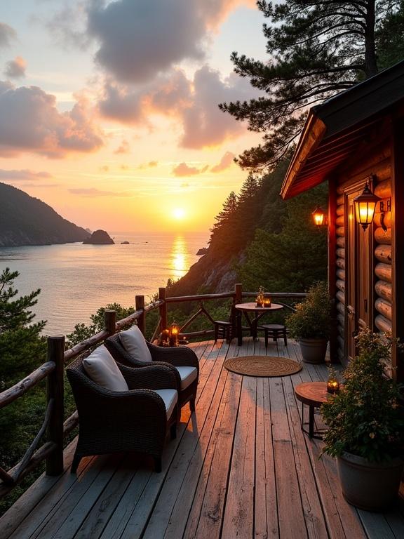 Sunset view from a wooden terrace of rustic cabin overlooking calm ocean. Warm light from lanterns enhances cozy atmosphere. Lush greenery surrounds the space with potted plants. Scenic mountain cliffs frame the coastline with rocky outcroppings.