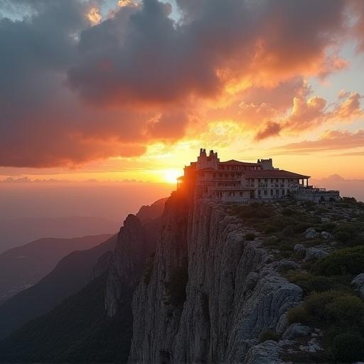 Scenic view of a mountain landscape at sunrise with building on a cliff illuminated by warm light and dramatic clouds