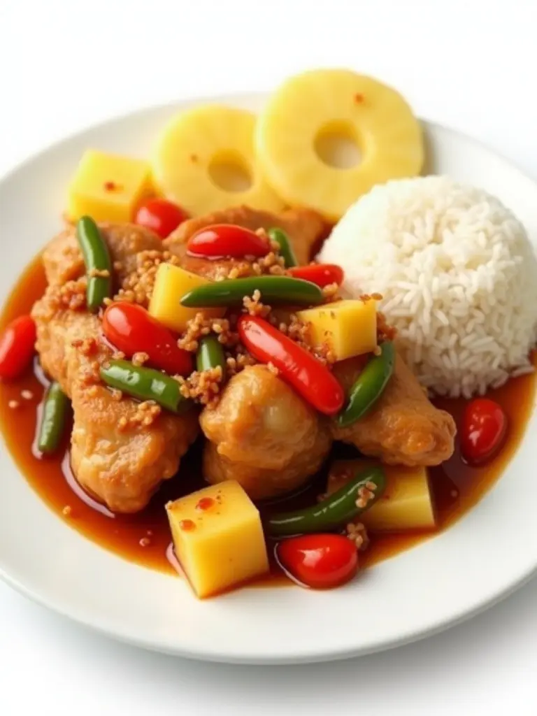 Chicken topped with sweet and sour sauce. Dish includes peppers and pineapple. Served with rice on a white plate against a white background. Image is ultra-realistic.