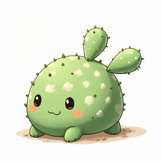 Create a simple cartoon cactus creature known as Cactiloop. The monster should be round with a soft cloud pattern on its body and tiny limbs. It should be idle, with a transparent background. Show its cute features and round shape fully visible.