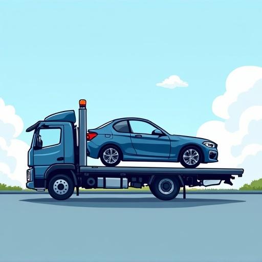 Commercial illustration of a tow truck with a BMW car on the flatbed. Cartoon style in shades of blue. Diagonal angle facing forward.