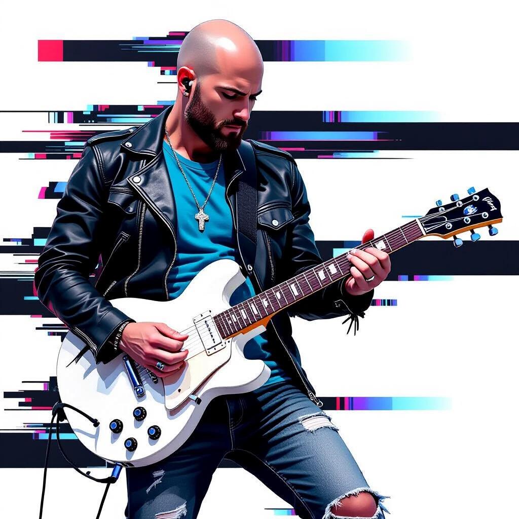 Digital artwork features guitarist playing a white electric guitar. Glitch art styles with horizontal black and white streaks overlaying. Bald man wears blue t-shirt and black jacket, ripped jeans. Background is stark white.