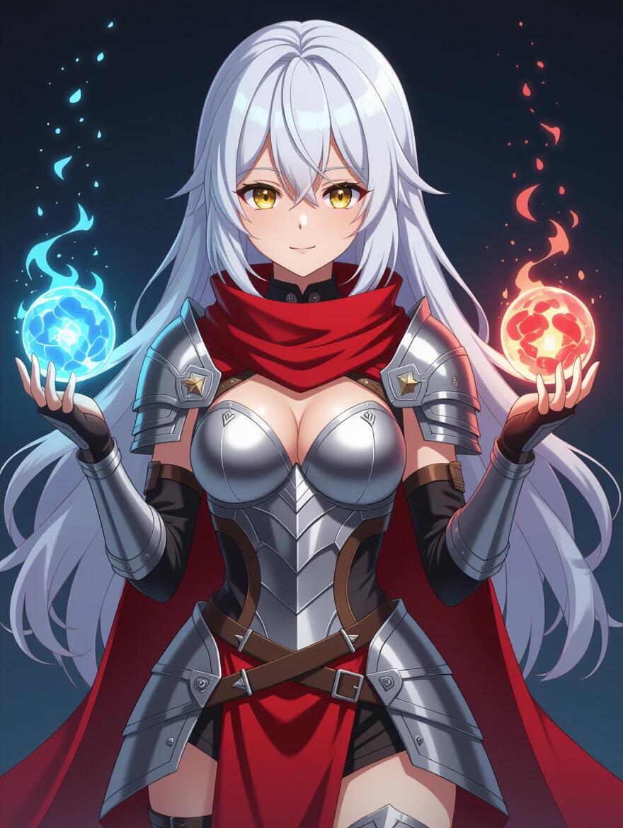 Full-body depiction of a female character. She has striking white hair and golden eyes. Long red cloth encircles her neck. Her outfit features shining silver armor. Elemental spheres of fire and ice rest in her hands. Each sphere glows with vibrant energy.