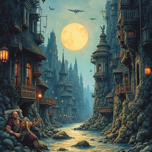 Aurby Beardsley ink painting style, post-apocalyptic futuristic non-Euclidean steampunk, ancient Persia alley with magical scene, magical creatures, shamans, beautiful girls, sea creatures, angels, demons.