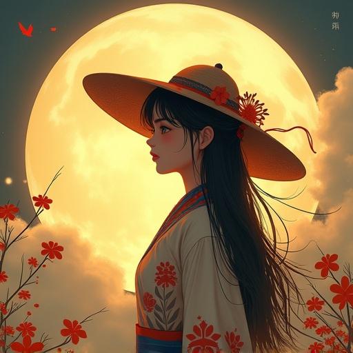 A girl with long hair stands in profile. She wears a wide-brimmed hat and traditional attire with floral designs. A large glowing moon sits in the background. The scene is filled with warm colors and a serene atmosphere.