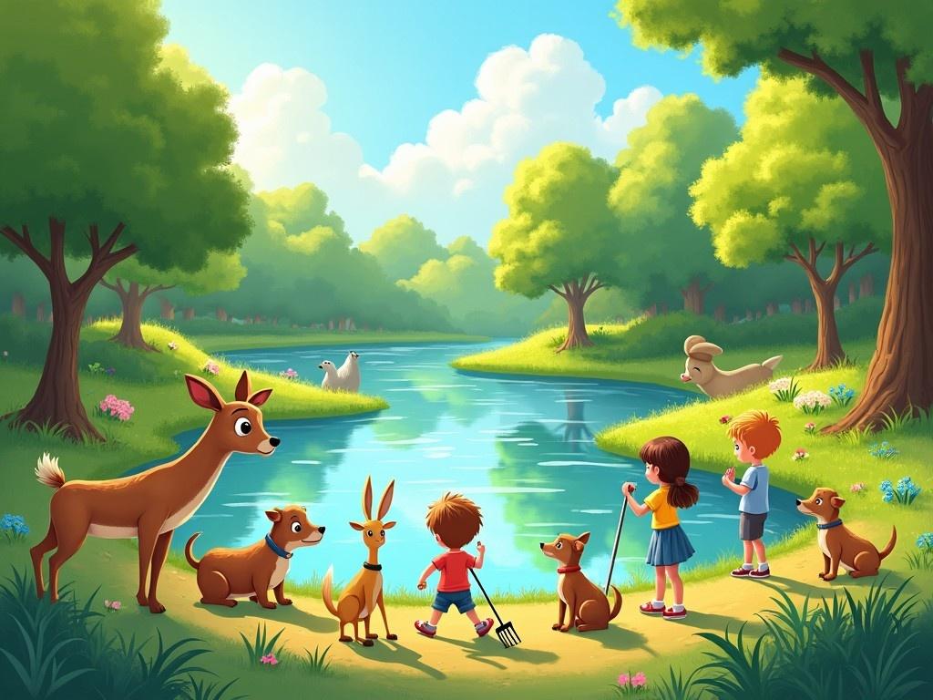 A picturesque scene depicting children interacting with nature. The setting includes a serene river surrounded by lush green trees. Children are seen engaging in activities like walking their dogs and cleaning up the area. A deer and a rabbit add to the enchanting wildlife. The atmosphere is lively and encourages appreciation for the outdoors. The sky is bright with fluffy clouds, enhancing the cheerful mood of the scene.