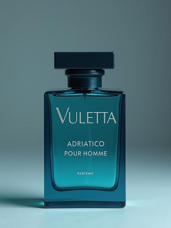 Minimalist photo showcasing a shiny aquamarine perfume bottle with a square base and top. The background shows a soft gray color with dark blue for the label. The label bears the name 'VULETTA' in a bespoke engraved-style font in metallic silver. 'ADRIATICO' is in white silver font in the middle and 'POUR HOMME' below it. A faint metallic silver reads 'PARFEME' near the bottom. The image has vibrant warm color grading with light leaks and a shallow depth of field.