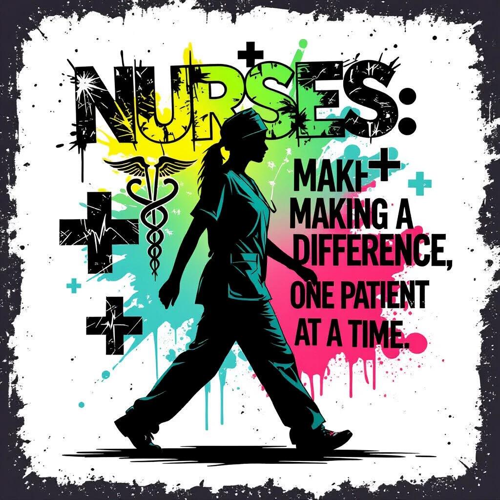 Nurse silhouette walking with medical symbols and graffiti-style text. Bold urban streetwear design with vibrant colors. Edgy graphics with a focus on nursing profession. Aimed at showcasing the impact of nurses on patients.