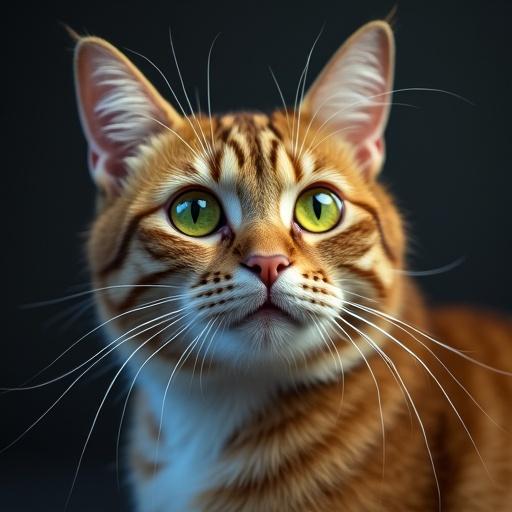 A cat with large green eyes. Background is dark with soft lighting. Focus on the cat's face. Highlight the fur texture and eye color.