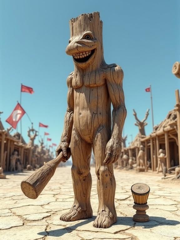 Hyper-realistic surreal 3D render of humanoid figure made from aged timber. The figure stands in a desolate landscape. Wood is splintered and cracked. Head resembles a log with tree rings. Facial features are exaggerated and worn. Posture is slumped, conveying burden. Surroundings depict remnants of a festival with collapsed structures and torn flags.