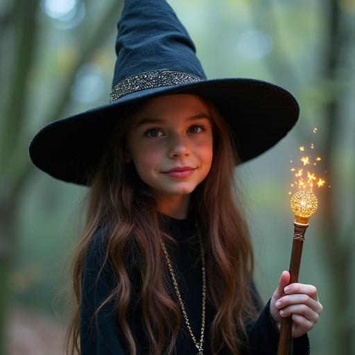 A little witch wears a pointed hat. She holds a wand with a jewel tip. The background shows a forest setting. Sparks glow from the wand. The expression is magical and playful.
