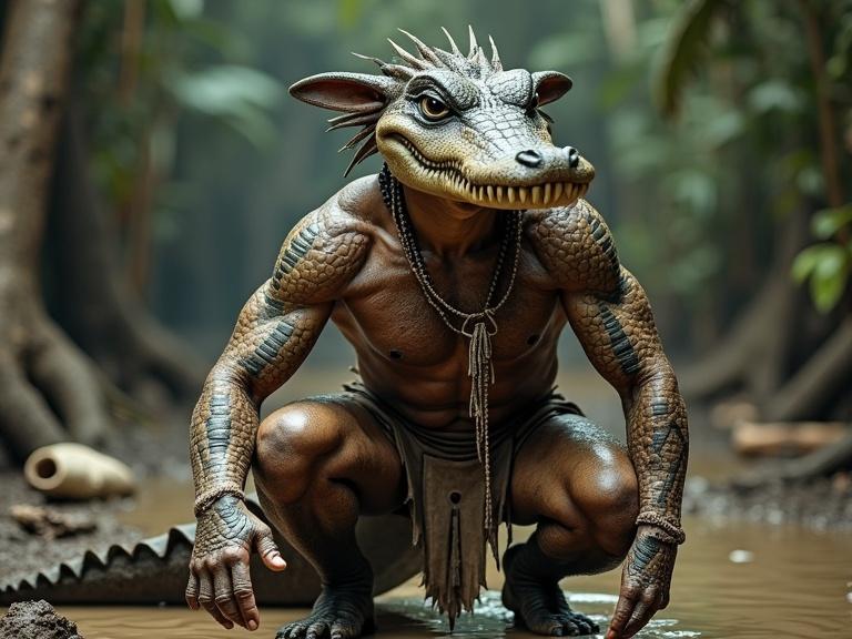 A muscular male warrior embodies the crocodile spirit. His body features cracked earth-toned paint that mimics scales. Aggressive angular symbols decorate his chest and arms. He wears a jagged belt and leather accessories. A headdress adorned with crocodile teeth rests on his head. The warrior crouches low in a ritualistic swamp. The environment includes bones, mud, and swirling smoke.