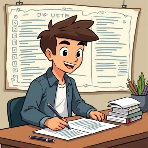 Cartoon-style image features a student organizing his syllabus while studying at a desk near a window.