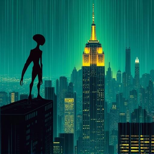 Lonely alien silhouette stands on skyscraper under teeming rain. Vibrant New York City skyline glows at night. Bioluminescent contrast with city lights below. Ethereal ambiance created with electric greens and ochre accents.